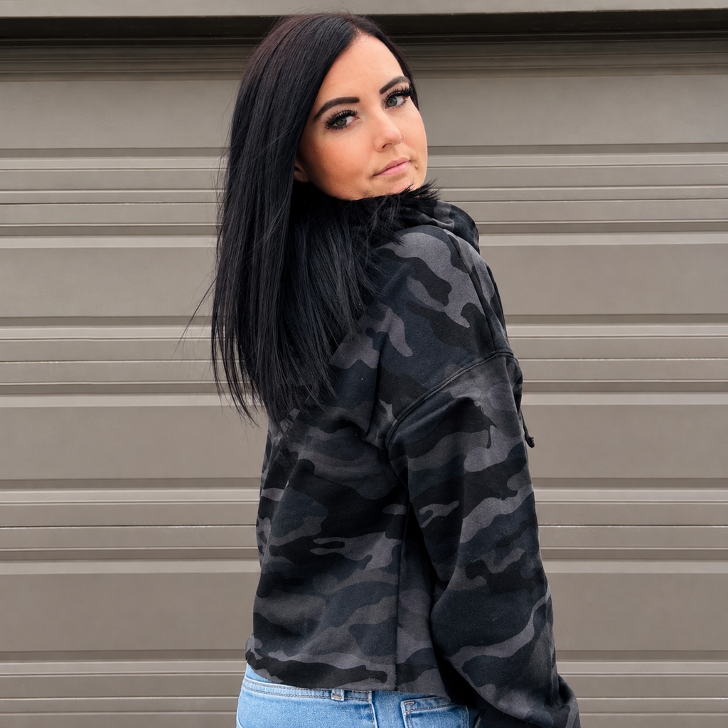 Make Your Own Luck - Ladies Black Camo Crop Hoodie